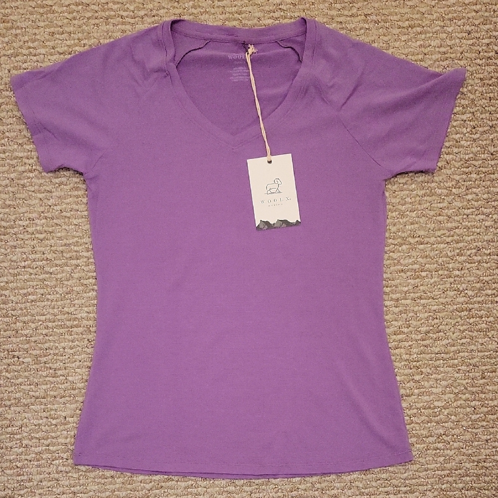 Woolx Women's Merino Wool V-Neck T-Shirt Purple Size Small New with Tags